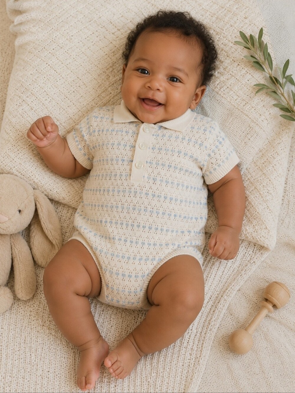 Feltman Brothers Cream and Light Blue Knit Polo Bodysuit for Baby | 3-6M
